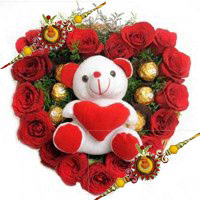Send Rakhi Gift hamper Red Roses, Ferrero Rocher Teddy Heart