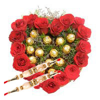Rakhi and Chocolate Gifts to India with Heart Of 16 Pcs Ferrero Roacher N 18 Red Roses