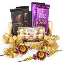 Send Silk, Bournville and Ferrero Rocher Chocolate Basket of Rakhi Gift Hamper to India
