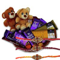 Online Rakhi with Twin Teddy Basket of Chocolates in Imdia