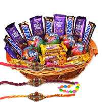 Online Rakhi Gift Delivery to India that includes Cadbury Snicker Chocolate Basket on Rakhi