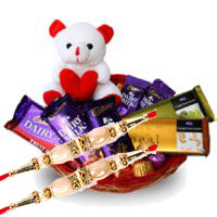 Online Delivery of Rakhi to India with Dairy Milk, Silk, Temptation Chocolates to India with 6 Inch Teddy Basket