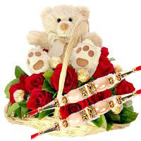 Send Rakhi Gifts in India with 12 Red Roses, 10 Ferrero Rocher and 9 Inch Teddy Basket With Rakhi