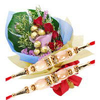 Rakhi Gifts 6 Red Roses 10 Pcs Ferrero Rocher Bouquet to India with Rakhi