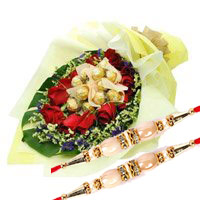 Deliver Rakhi Gift hamper to India 12 Red Roses with 10 Ferrero Rocher Bouquet with Rakhi