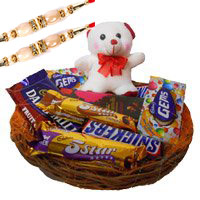 Rakhi with Gifts Basket of Exotic Chocolates and 6 Inch Teddy