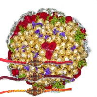 Online Rakhi Gifts in India contain Red Roses, Ferrero Rocher Bouquet with Rakhi