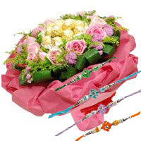 Rakhi Gifts for Brother 24 Pink Roses 24 Pcs Bouquet of Ferrero Rocher Chocolate with Rakhi
