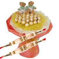 Chocolate and Rakhi to India with Twin 6 Inch Teddy Bouquet on Rakhi