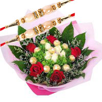 Send Rakhi Gift hamper for brother Online Ferrero Rocher with Red White Roses Bouquet to India