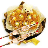Deliver Rakhi Gifts to India consist of 16 Pcs Ferrero Rocher 6 Inch Teddy Bouquet on Rakhi