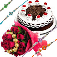 Rakhi with Ferrero Rocher with 30 Red Roses Bouquet and 1/2 Kg Black Forest Cake in India