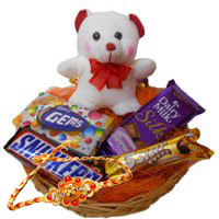 Best Rakhi Gift Delivery in India 6 Inches Teddy with Basket of Chocolates